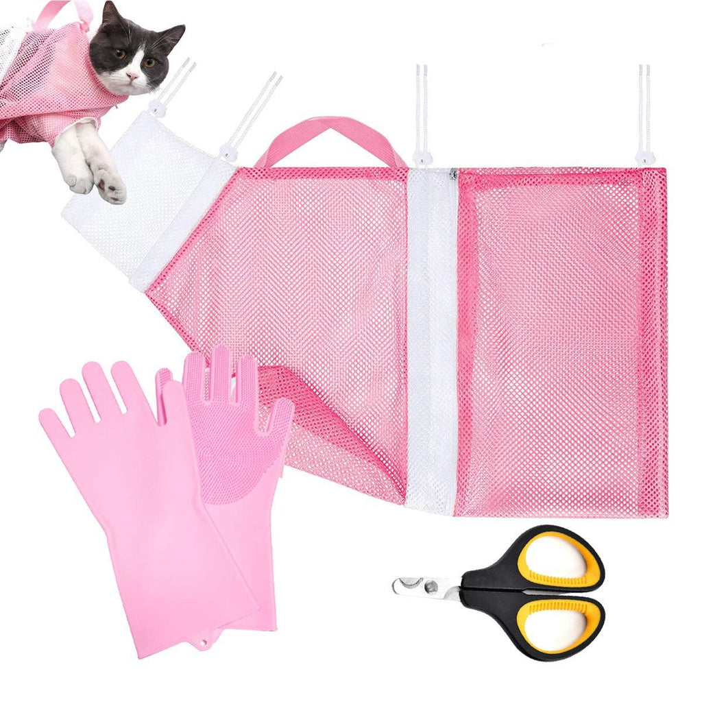 Cat Bathing Bag Set, Cat Grooming Shower Adjustable Multifunctional Pet Net Bag with Grooming Gloves Pet Nail Clippers, for Cats Dogs Bathing Nail Trimming Cleaning Tools - PawsPlanet Australia