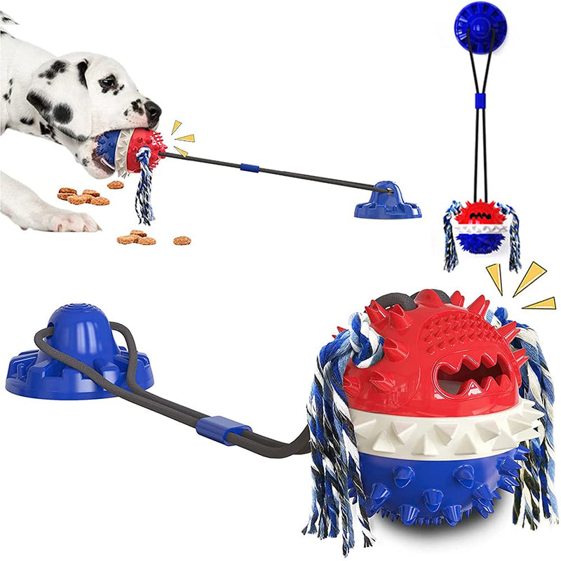 Suction Cup Dog Toy Dog Squeaky Ball Rope Toys Interactive Tug Toy for Wall and Floor Puppy Chew Toys for Small Medium Breed Dog Treats Food Dispenser Teeth Cleaning Training (Blue+red) Blue+red - PawsPlanet Australia