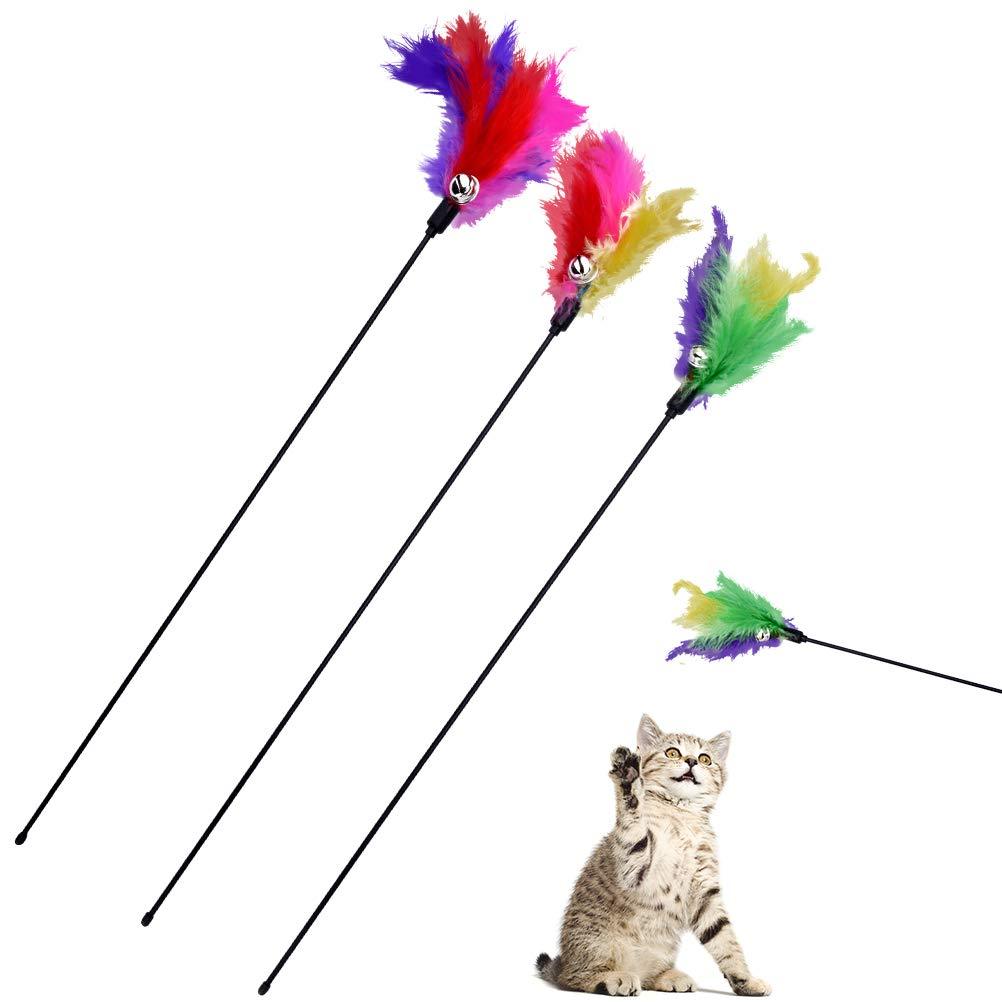 BINGPET Cat Wands Teaser Feather Toys - 3 Pcs Interactive Durable Cat Wands with Color Feather and Jingle Bell, Funny and Exerciser Wands for Indoor Kitties - PawsPlanet Australia