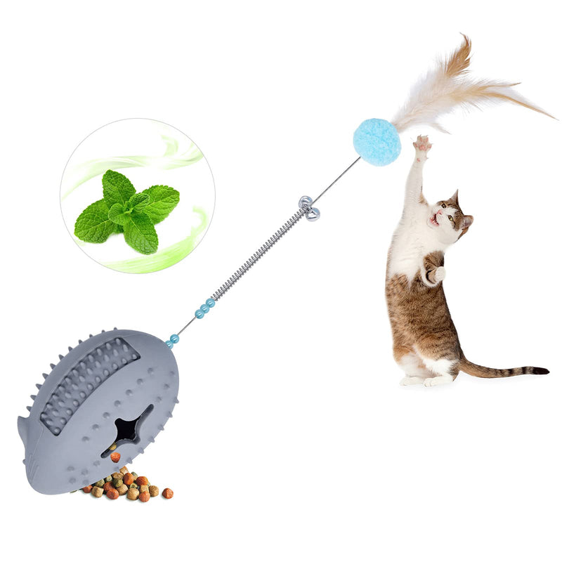 Petdexon Catnip Toys 5 in 1 Interactive Mouse Cat Chew Toy Upgraded Cat Feather Teaser Wand Toys - Kitten Puzzle Toy with Spring Bells - Rubber Food Dispenser Toy for Indoor Cats(Gray) - PawsPlanet Australia