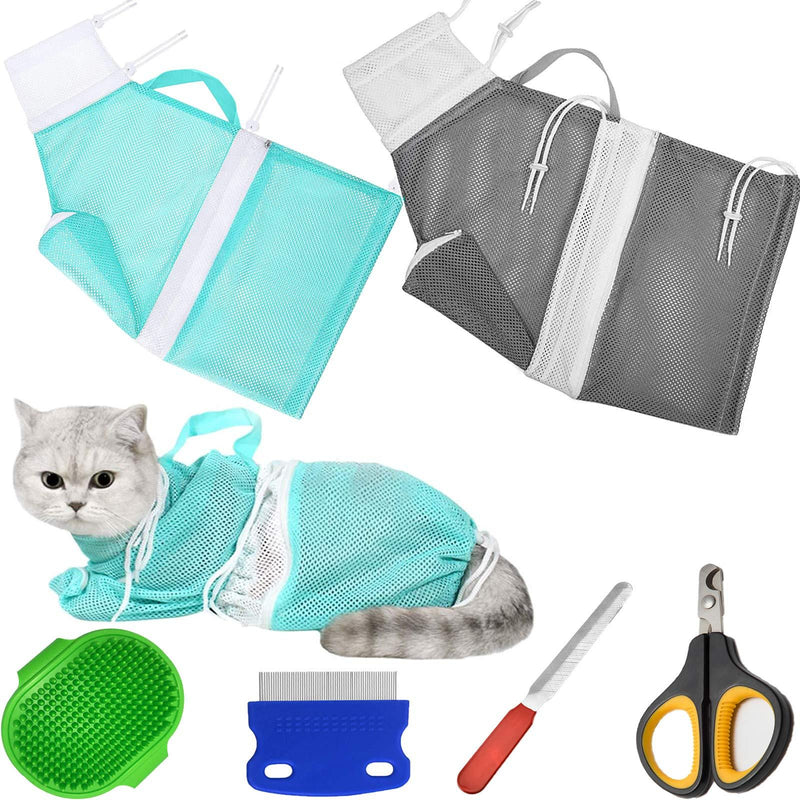6 Pieces Cat Bathing Bag Cat Shower Net Pet Bag Cat Grooming Washer Mesh Bag Adjustable Breathable Multifunctional Anti-Bite and Anti-Scratch Restraint Bag with Pets Nail Clippers for Cat's Bathing Gray+Green - PawsPlanet Australia