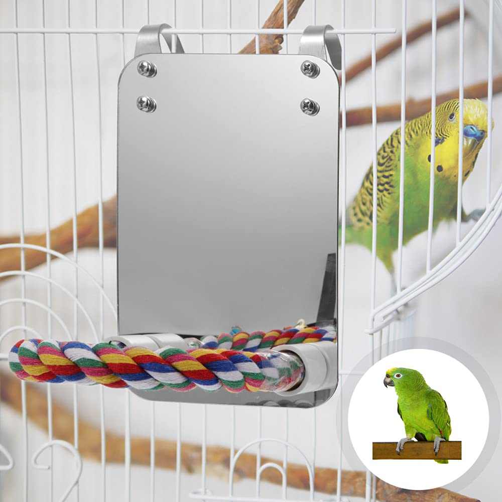9 Inch Stainless Steel Bird Mirror with Rope Perch, Bird Swing Toys Accessories for Parrot Conure Lovebirds Finch Canaries - PawsPlanet Australia