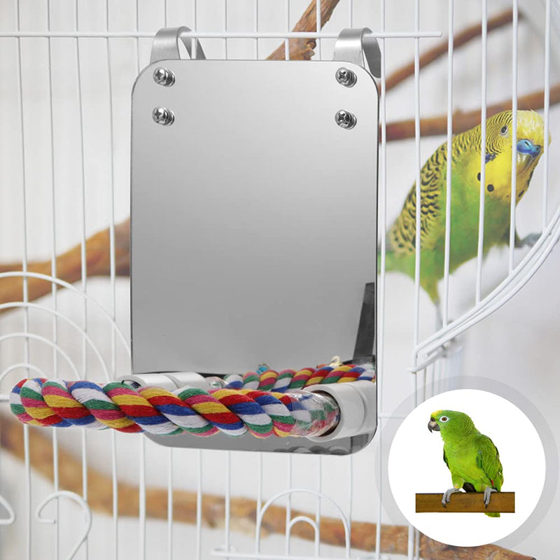 9 Inch Stainless Steel Bird Mirror with Rope Perch, Bird Swing Toys Accessories for Parrot Conure Lovebirds Finch Canaries - PawsPlanet Australia