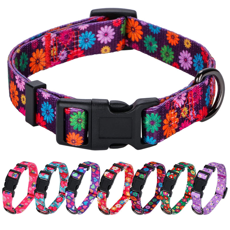 Rhea Rose Girl Dog Collars Fall Daisy Pattern, Colorful Flowers Print, Female Collar, Dark Purple, Small S(Neck 11"-15.7", Width 5/8") - PawsPlanet Australia