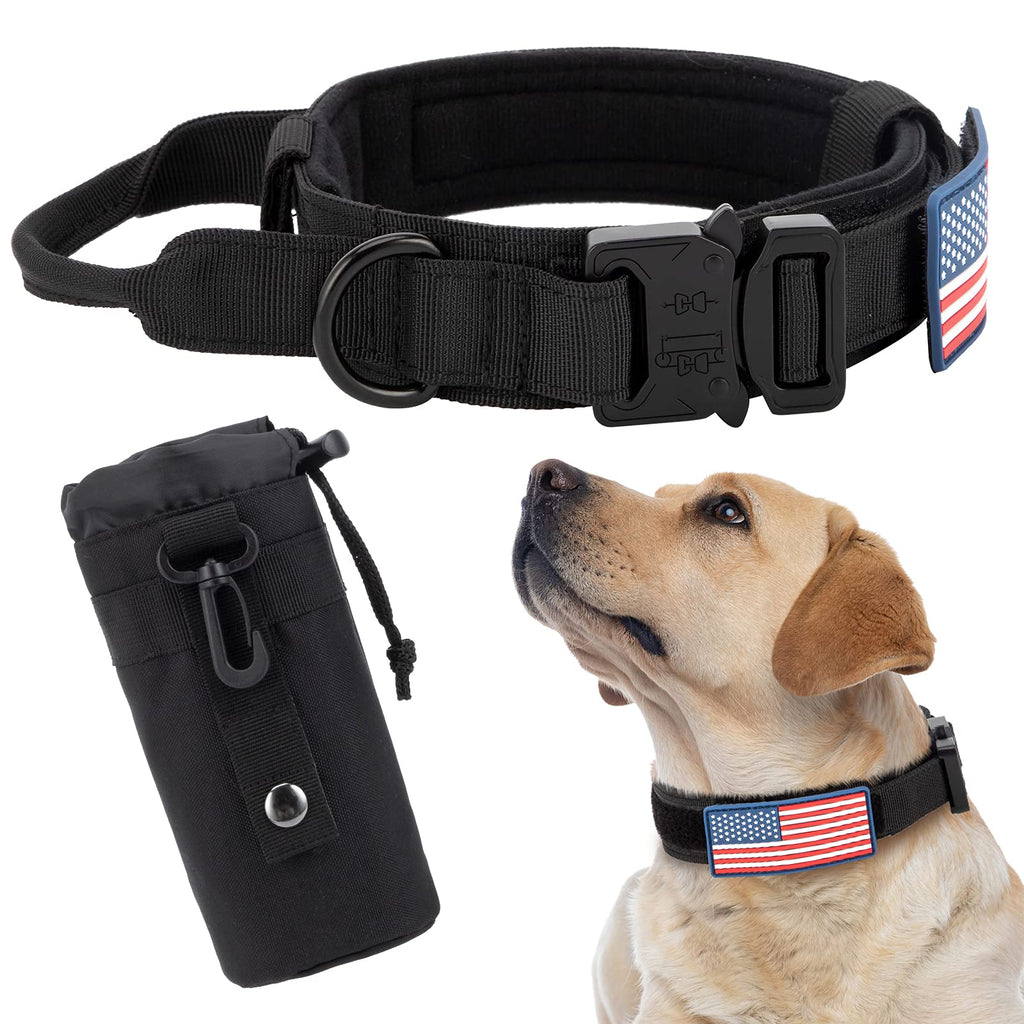 INVENHO Tactical Dog Collar for Medium Large Dogs with USA American Flag Adjustable Military Training Collar with Handle and Thick Heavy Duty Buckle Dog Collar with Bottle Pouch Dog Collars Black M M:14"-18" - PawsPlanet Australia