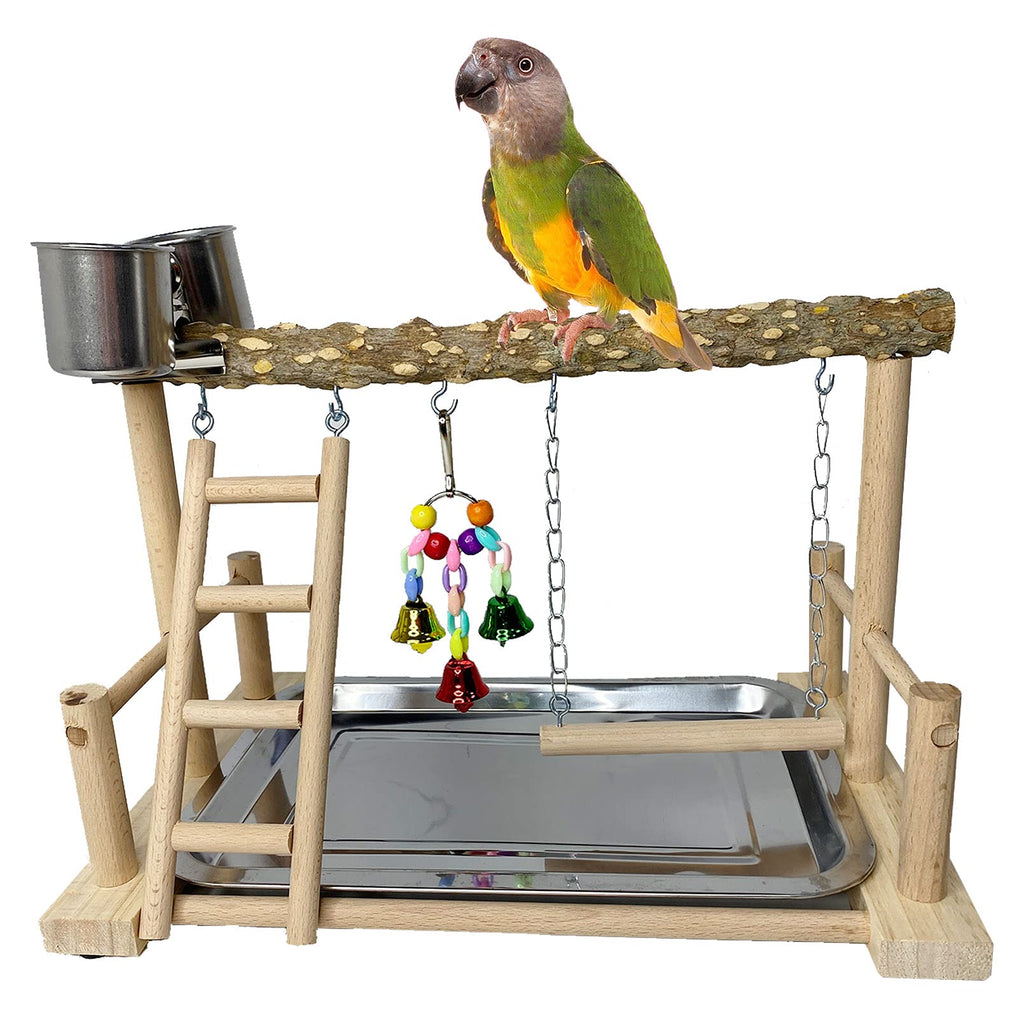 kathson Parrots Playground Bird Perch Wood Playstand Stand with Ladder Swing Feeder Cups Chew Toy for Parakeet Conure Cockatiel Budgie Lovebird Finch Small Birds prickly ash wood - PawsPlanet Australia