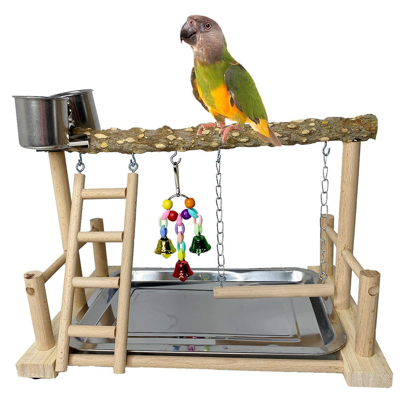 kathson Parrots Playground Bird Perch Wood Playstand Stand with Ladder Swing Feeder Cups Chew Toy for Parakeet Conure Cockatiel Budgie Lovebird Finch Small Birds prickly ash wood - PawsPlanet Australia