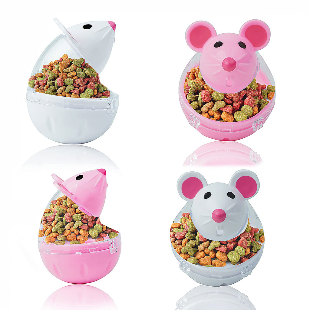 GEKUPEM 4 Pcs Cat Food Dispenser Cat Treat Toy Feeder Toy for Interactive IQ Treat Training Mouse shape Tumbler ( Pink White) - PawsPlanet Australia