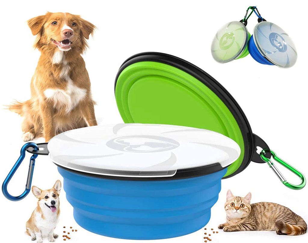 Collapsible Dog Travel Bowls, 2 Pack Foldable Silicone Travel Cat Bowls with Lids Carabiner Portable Pet Water Food Feeder Dishes for Walking Running Camping Hiking (Blue+Green) - PawsPlanet Australia