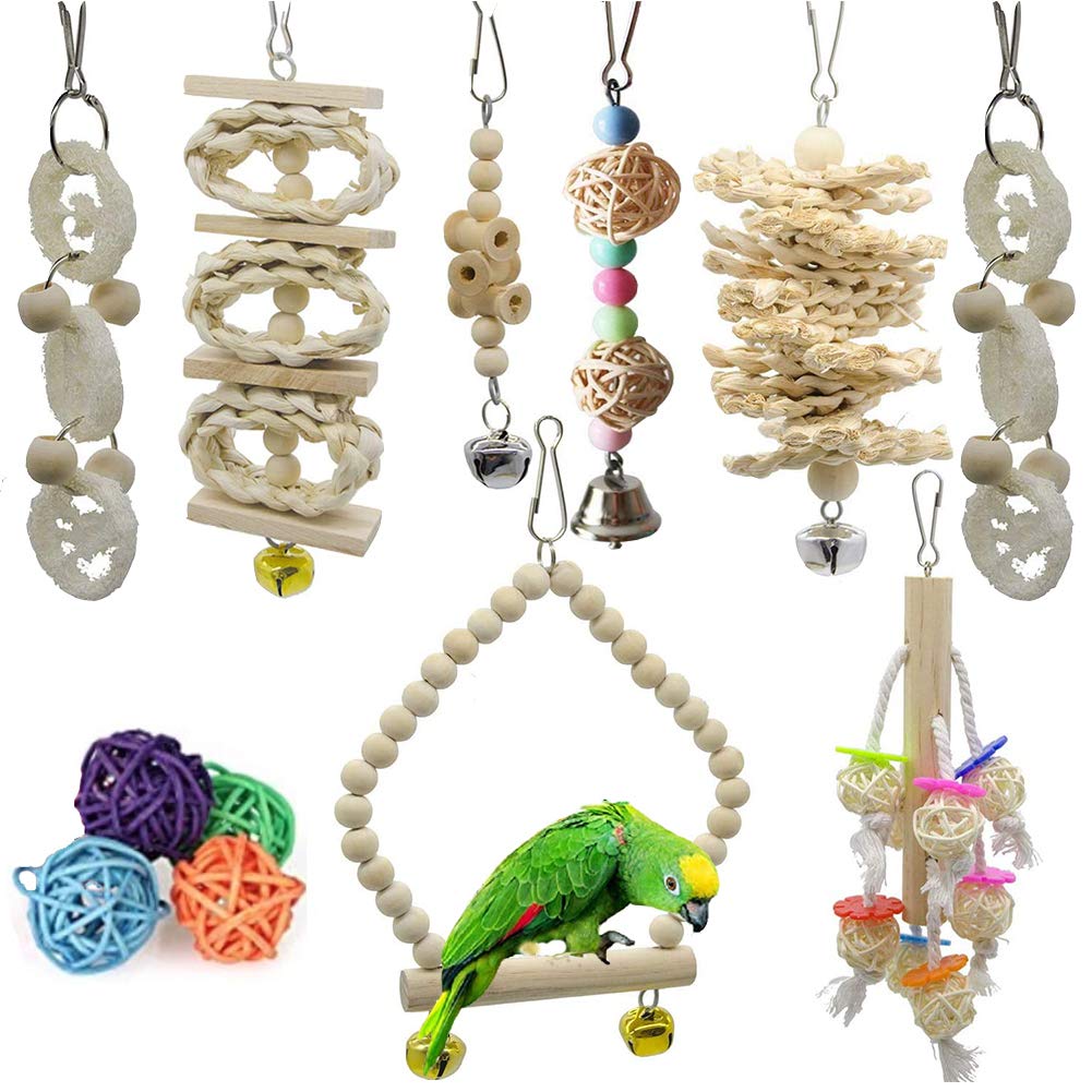 JIAYUE Bird Parrot Swing Toys - 12pcs, Parrots Chewing Toys Natural Wood Bungee Bird Toy for Small Parakeets, Cockatiels, Conures, Finches, Budgie, Macaws, Parrots, Love Birds Cage Accessories - PawsPlanet Australia