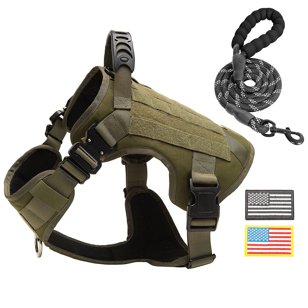 PINA Tactical Dog Harness for Large Dogs, No Pull Service Dog Vest Harness for Training Hunting Walking, Dog Military Harness Molle Vest with Patches - Army Green / L L(Neck:18-24" ; Chest:28-35") - PawsPlanet Australia