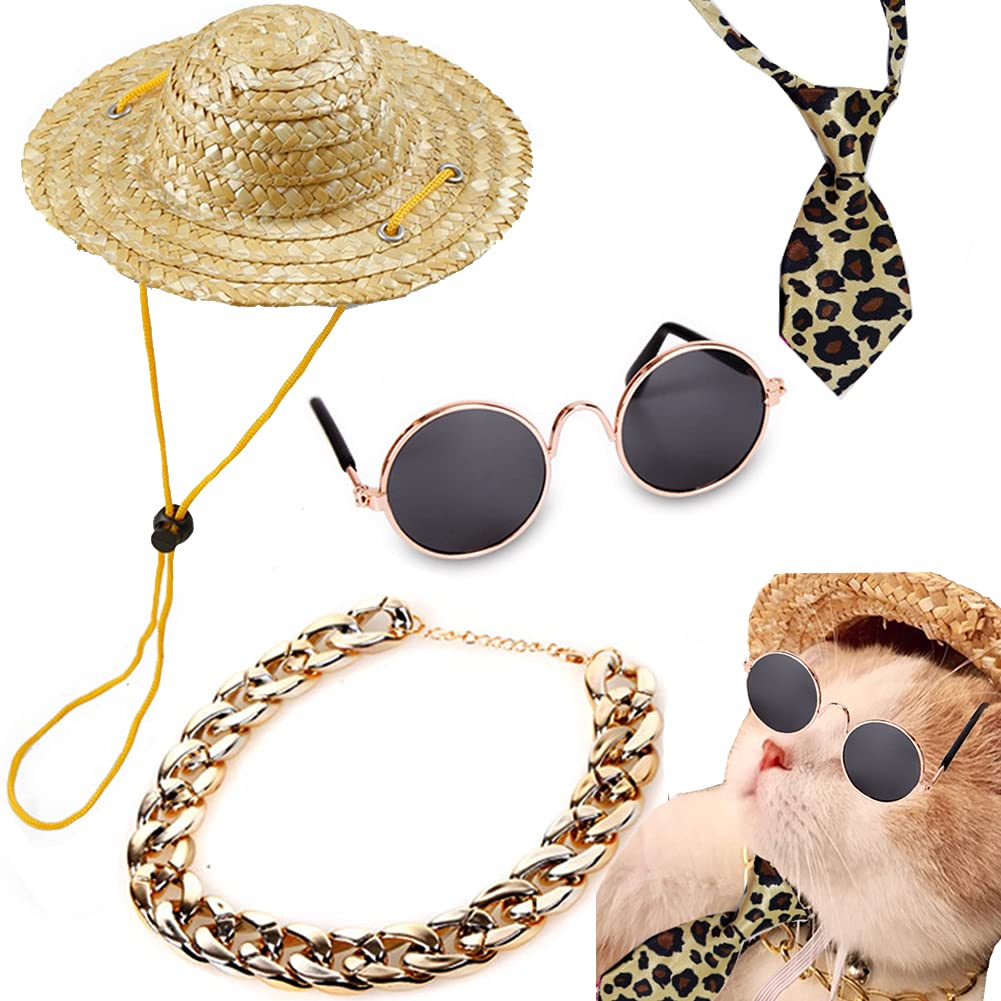 4Pcs Cat Glasses Cat Gold Chain Necktie and Straw Hat, Fashion Cool Pet Sunglasses Adjustable Pet Gold Chain Set Classic Funny Pet Accessories for Cats and Small Dogs - PawsPlanet Australia