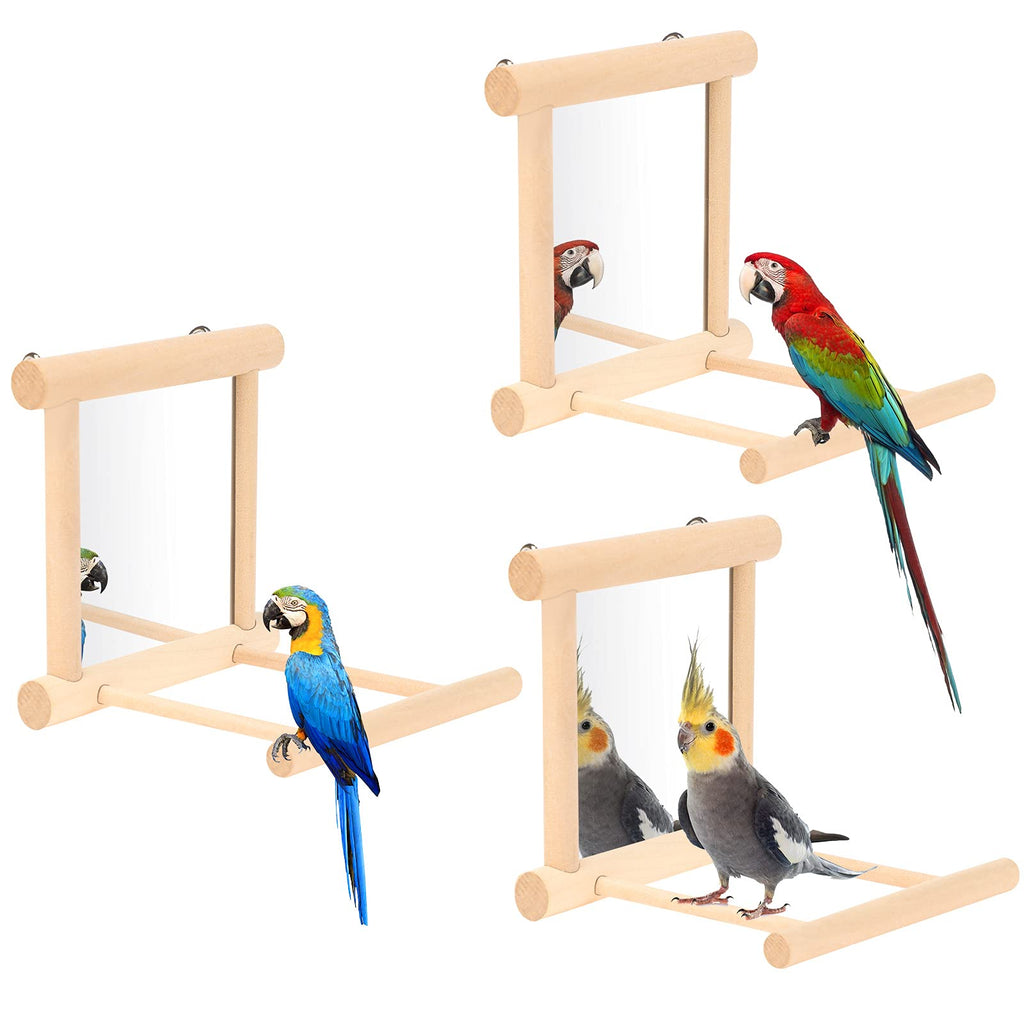 Uoeo 3 Pack Bird Mirror Toys with Perch Wooden Parrots Stand Accessories Parakeets Hanging Swing Cage Interactive Toys for Budgies African Greys Parakeet Lovebird Cockatiel - PawsPlanet Australia