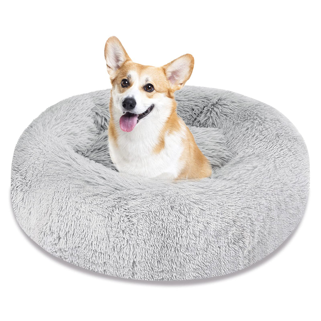 Calming Dog Bed Cat Bed, Anti-Anxiety Donut Dog Cuddler Bed, Machine Washable Round Pet Bed, Comfy Faux Fur Plush Dog Cat Bed for Small Medium Large Dogs and Cats (23"/30"/36") Small 23" x 23" Light Grey - PawsPlanet Australia