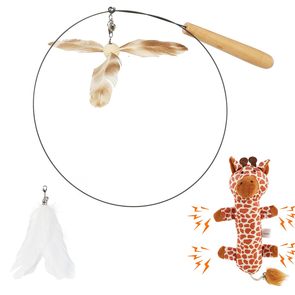 FUKUMARU Cat Toy Set , Giraffe Cat Kicker Chew Toy & 35.5 inch Steel Wire Cat Wand Teaser, Stuffed Animal for Kittty with Silvervine, Cat Feather Stick with Replacement, Toy for Indoor Cats 2 Pcs - PawsPlanet Australia