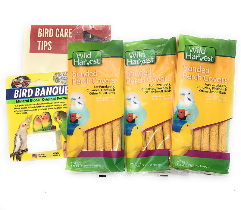 Sanded Bird Perch Cover Bundle Includes: (3) Packs of 6 Perch Covers (Total of 18 Covers), (1) Mineral Block Supplement, and (1) Laminated Bird Tips Card. - PawsPlanet Australia