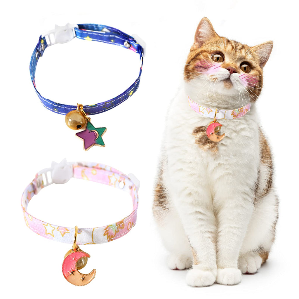 HACRAHO Breakaway Cat Collar with Bell, 2 PCS Adjustable Cute Kitty Collar with Bells Moon Stars Safety Breakaway Cat Collar for Cats Kittens Puppies, Pink and Blue - PawsPlanet Australia