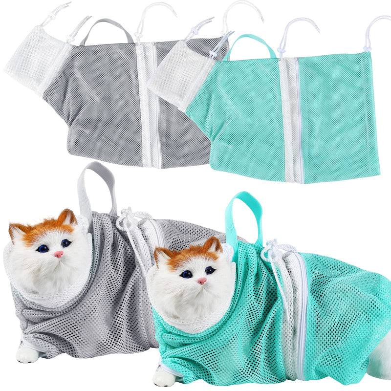 TRYAH Cat Shower Net Bag Puppy Dog Cleaning Shower Bag Adjustable Breathable Mesh Anti-Bite and Anti-Scratch Restraint Bag for Bathing, Nail Trimming, Pet Examining Grey and Green - PawsPlanet Australia