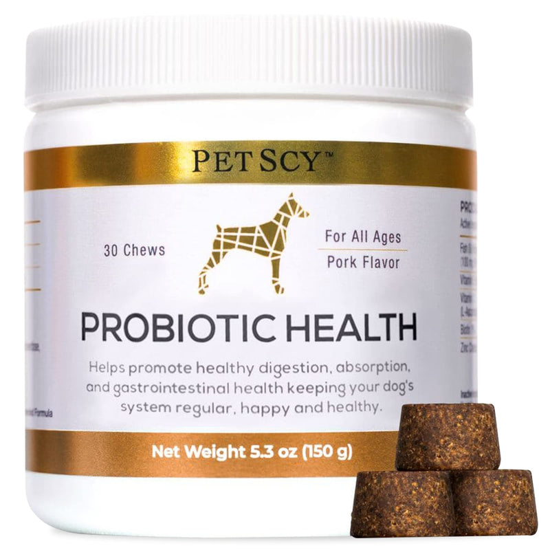 PetScy Probiotic Chews with Prebiotic Fiber and Omega 3 Fish Oil for Canine Enteric Support - Gut Health and Skin and Coat Supplement for Dogs - 30 Chews for All Ages and Breeds - Made in The USA - PawsPlanet Australia