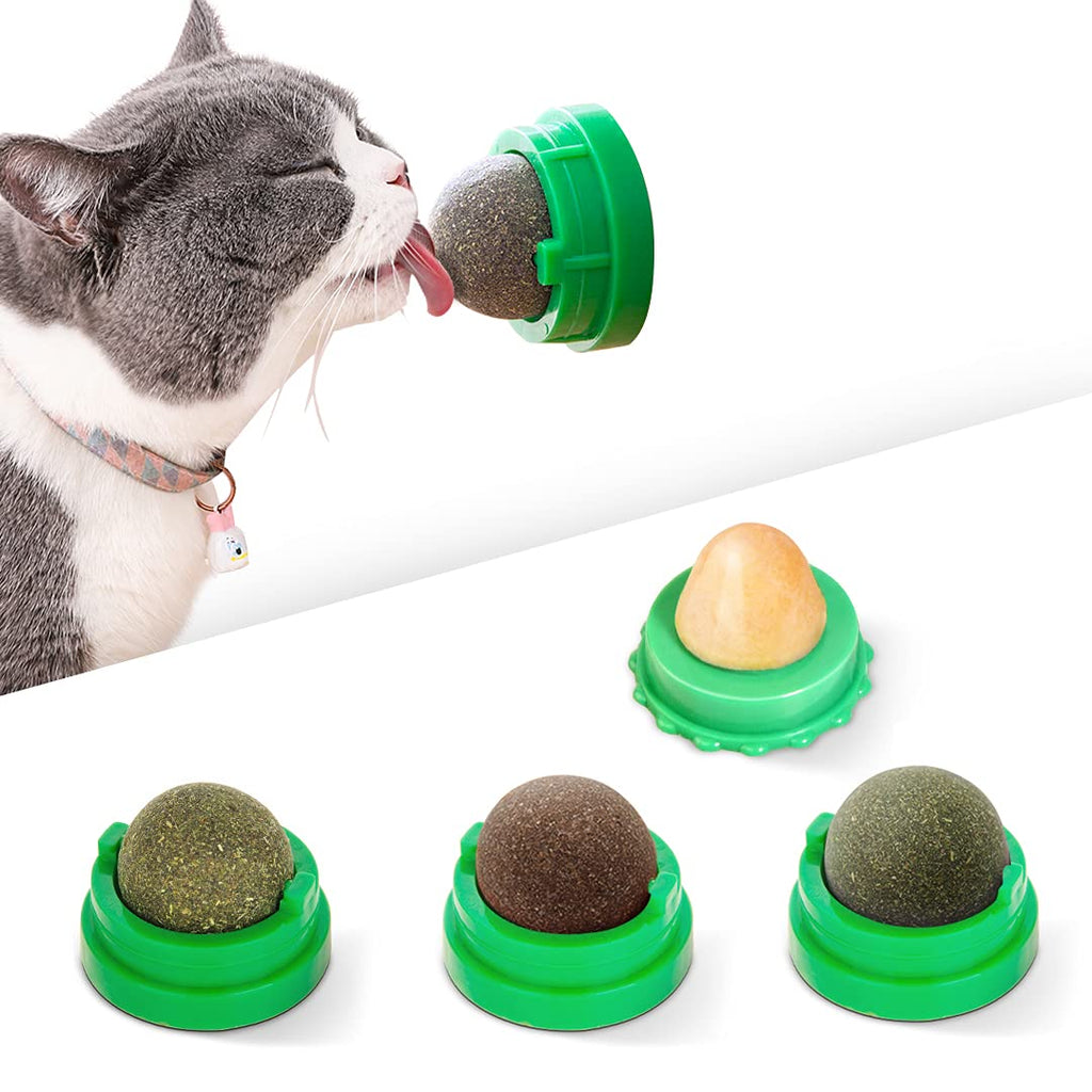 Potaroma 4 Pack Catnip Ball Toys, 3 Silvervine Catnip Toys and 1 Cat Sugar for Cats Lick, Edible and Natural Catmint Chew Toys, Rotatable Cat Treat Ball Toys for Kitten Teeth Cleaning - PawsPlanet Australia