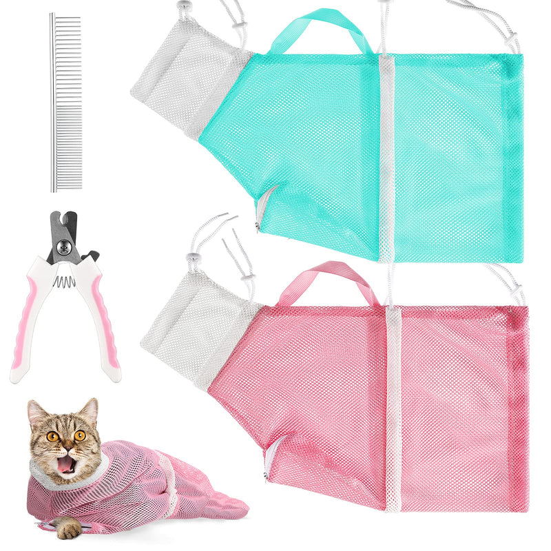 4 Pieces Cat Shower Net Bag Polyester Cat Bathing Grooming Bag Pet Nail Clipper Round Ended Pet Comb Anti-Bite Anti-Scratch Pet Mesh for Bathing Nail Trimming Grooming Green White, Pink White - PawsPlanet Australia