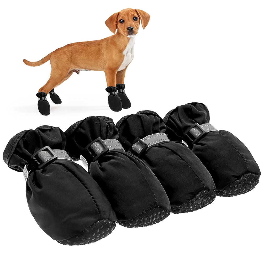 BINGPET Waterproof Dog Boots Pet Shoes for All Seasons, Reliable Dog Paw Protectors with Reflective Straps, Non-Slip Pet Shoes for Small and Medium Dogs Indoor & Outdoor Wear Black - PawsPlanet Australia