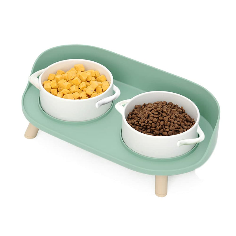 Elevated Dog Cat Bowls, Ceramics Dog Cat Food Bowl, Raised Dog Cat Water Bowls Stand with No-Spill Design, 5 inches Ceramic Bowl with Handle for Medium and Small Size Dog Cats (Green) Green - PawsPlanet Australia