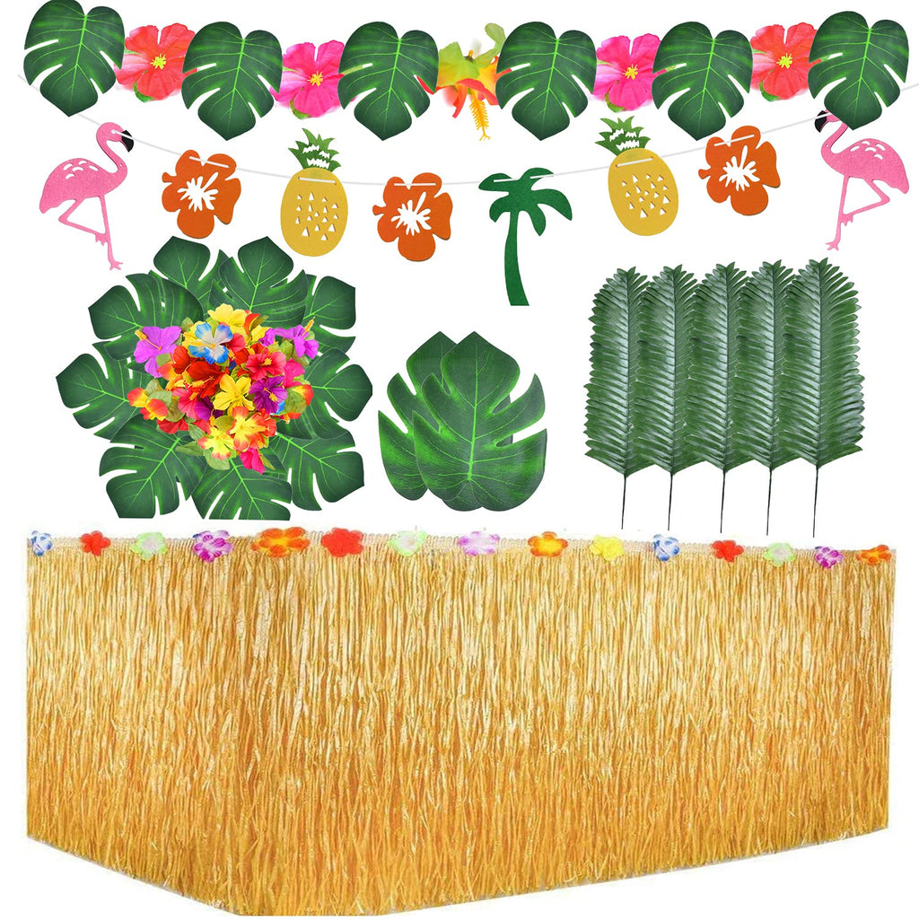 Aweyka Tropical Hawaiian Party Decorations Set, Including One 9ft Luau Table Skirt, 25pcs Tropical Palm Leaves, 10pcs Hibiscus Flowers and one String Tropical Hawaii Banner for Luau Party Supplies - PawsPlanet Australia