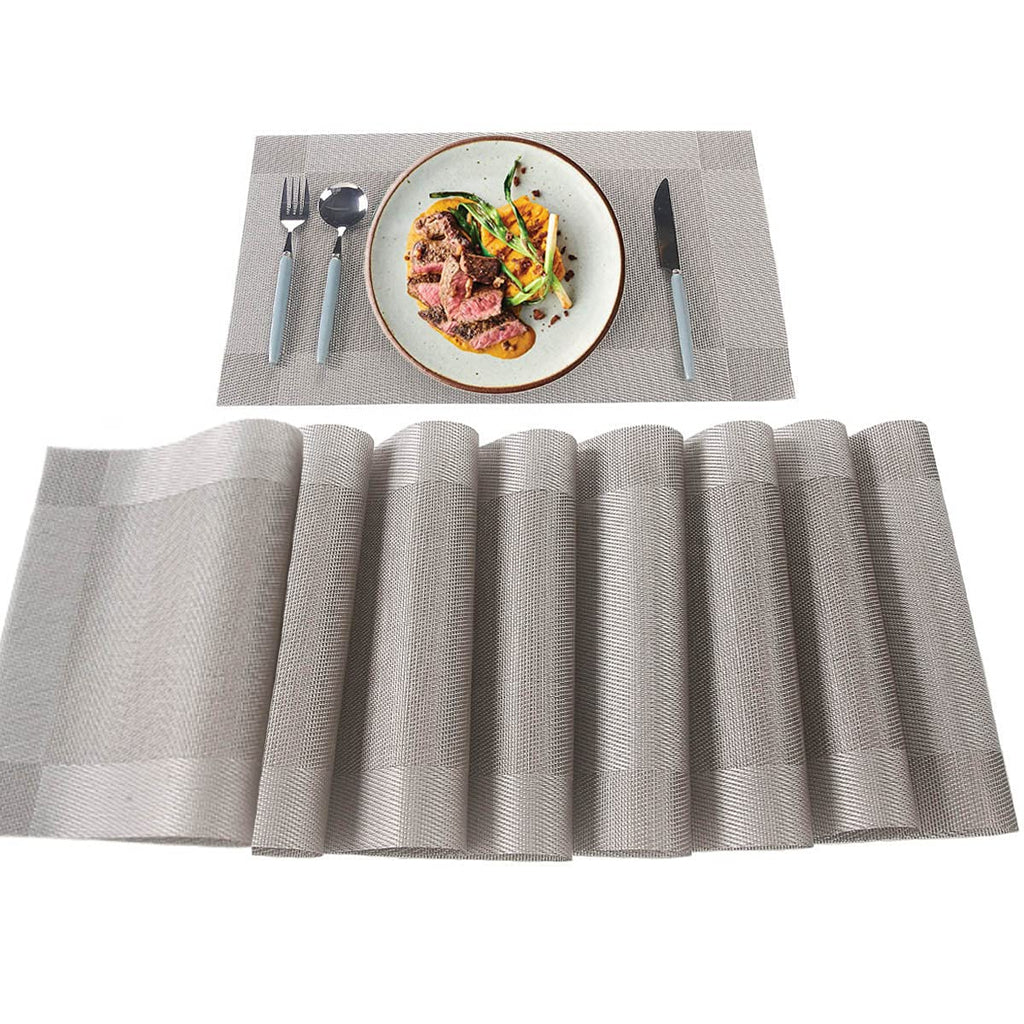 Placemats for Dining Table, Set of 8,Heat-Resistant Non-Slip Washable PVC mats for Kitchen Patio Table Thanksgiving Christmas Decorations, 18x12(Silver) Silver - PawsPlanet Australia