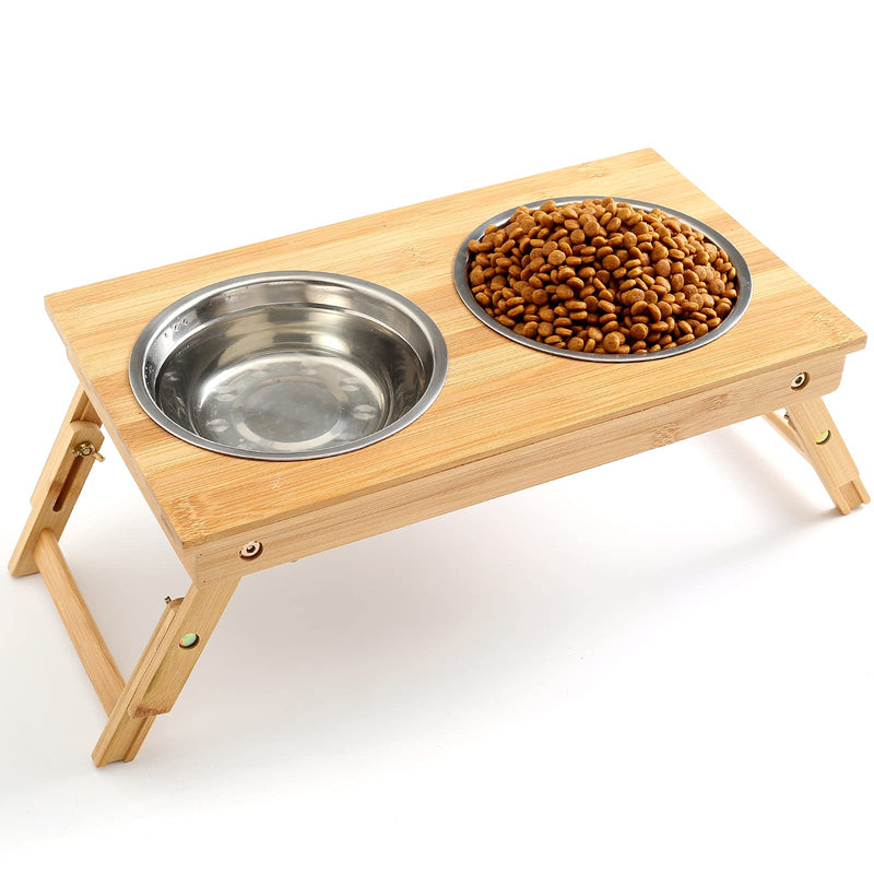 CYBMBO Raised Pet Bowls for Dogs and Cats, Adjustable Elevated Dog Bowls for Small and Medium Size Dog, Food Water Bamboo Feeder with Stand, 2 Bowls, Non-Slip, No Need Assemble (Height 5.12" - 6.69") - PawsPlanet Australia