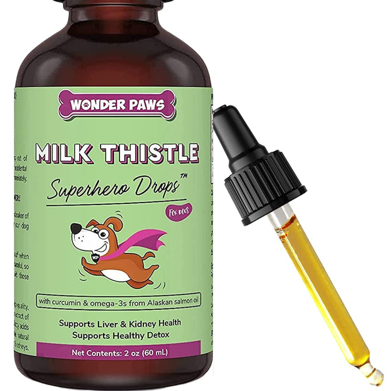 WONDER PAWS Milk Thistle for Dogs, Liver Support for Dogs, Supports Kidney Function for Pets, Detox, Hepatic Support, with Wild Alaskan Salmon Oil & Curcumin, Omega 3 EPA & DHA - 2 oz Pet Supplement - PawsPlanet Australia