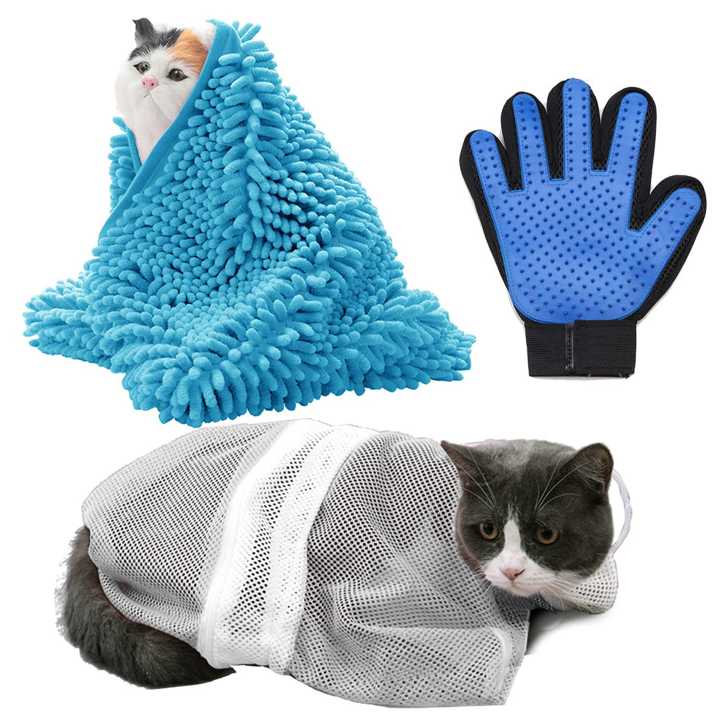 KAROKU 3 Pieces Cat Shower Set- Multifunctional Adjustable Cat Bathing Bag, Super Absorbent Quick Dry Towels with Hand Pockets,Pet Grooming Glove for Cats Dogs Cleaning Tools Blue - PawsPlanet Australia