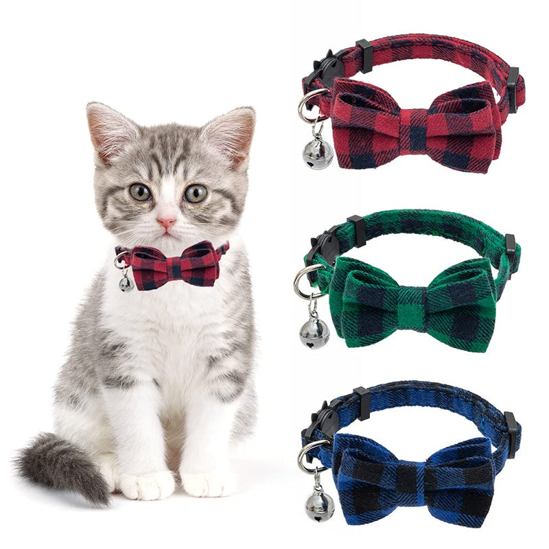 PAWCHIE Breakaway Bowtie Cat Collar with Bells 3 Pack - Plaid Kitten Safety Collars with Removable Bow Tie, Quick Release - PawsPlanet Australia