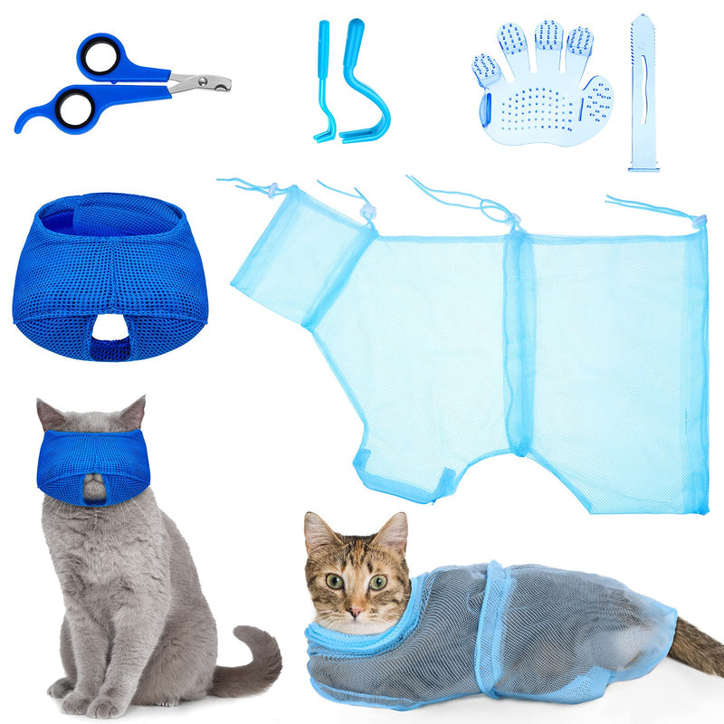 5 Pieces Cat Bathing Bag Set Cat Grooming Bag Adjustable Pet Shower Net Bag Cat Muzzles Anti-Bite Anti-Scratch Nail Clipper Tick Remover Tool Massage Brush for Bathing Cleaning Trimming Blue - PawsPlanet Australia