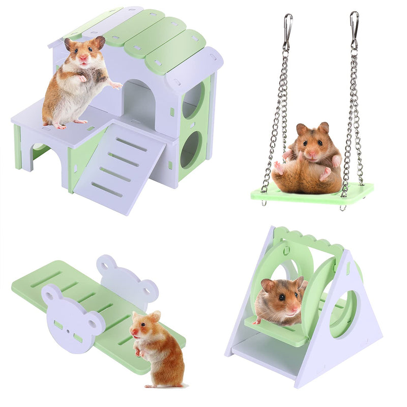 okdeals 4Pcs Lovely Hamster Play Toys Set, Wooden Hamster House, Triangle Swing Green - PawsPlanet Australia