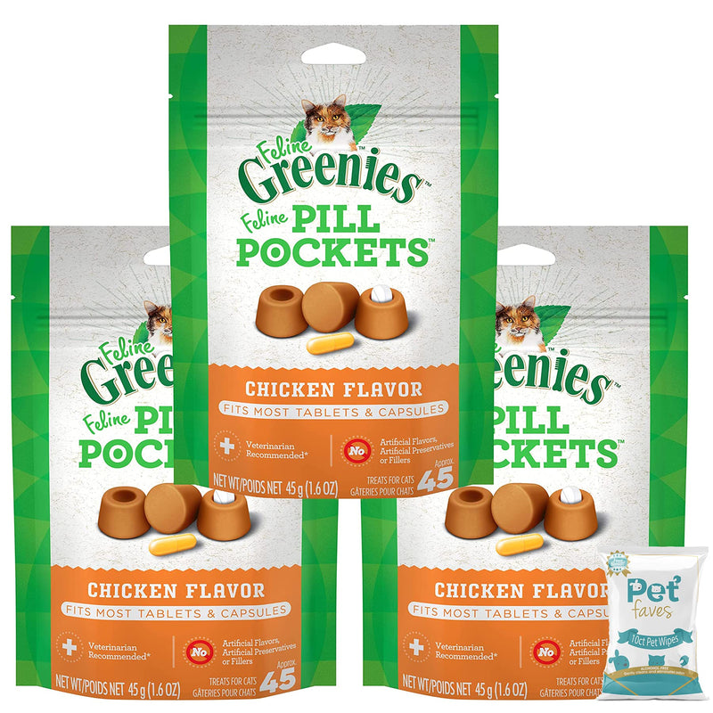 ( 3 Pack) Feline GREENIES Pill Pockets for Cats Natural Soft Cat Treats, Chicken 1.6 oz. (45 Treats Each) with 10ct Pet Wipes - PawsPlanet Australia