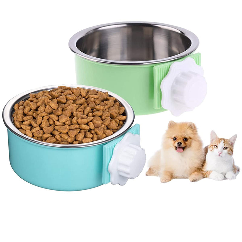 Crate Dog Bowl 2 Pack Removable Stainless Steel Kennel Water Food Feeder Bowls Hanging Cage Coop Cup for Small Dogs Cat Puppy Bird Pets Rabbit Green&Blue - PawsPlanet Australia