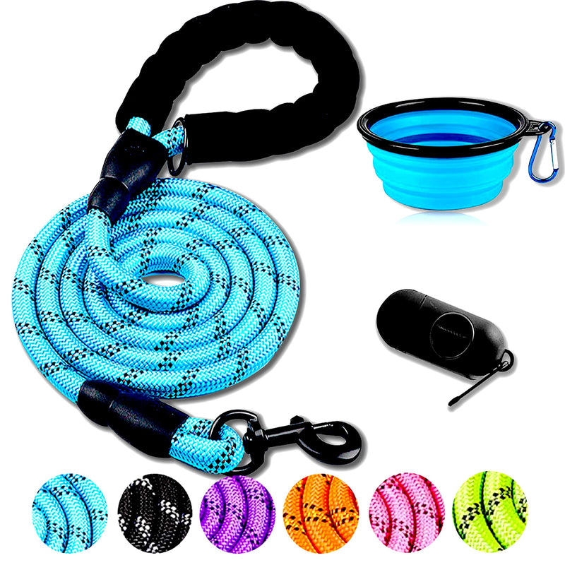 DOYOO Dog Leash 6 FT/10FT Thick Durable Nylon Rope - Comfortable Padded Handle Reflective Rope Dog Leash for Medium Large Dogs with Collapsible Pet Bowl and Garbage Bags 1 Pack 6FT Blue - PawsPlanet Australia