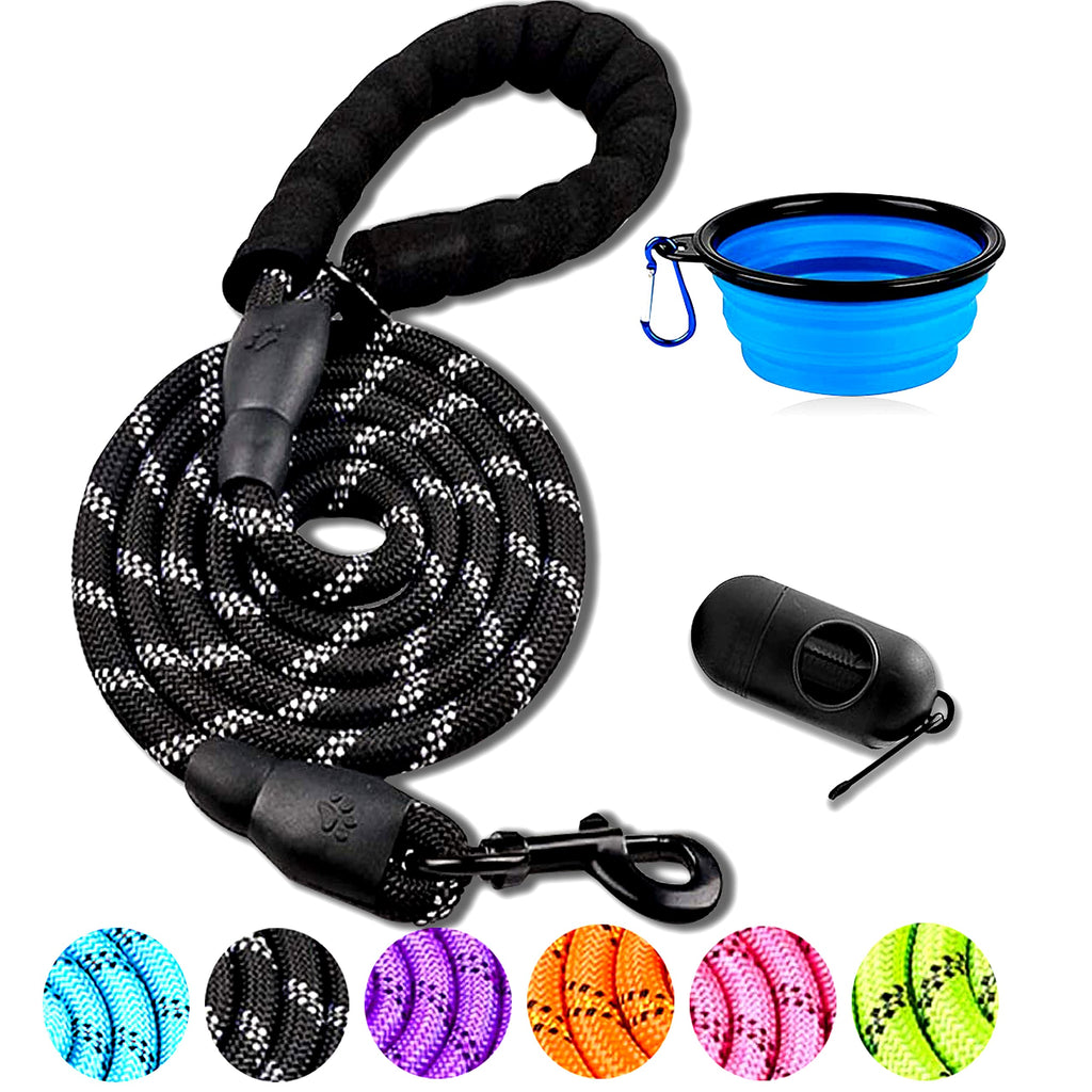 DOYOO Dog Leash 2 FT/6 FT/10FT Thick Durable Nylon Rope - Comfortable Padded Handle Reflective Rope Dog Leash for Medium Large Dogs with Collapsible Pet Bowl and Garbage Bags 06-1 Pack Reflective Black 1/2"x 6 FT (18~120 lbs.) - PawsPlanet Australia