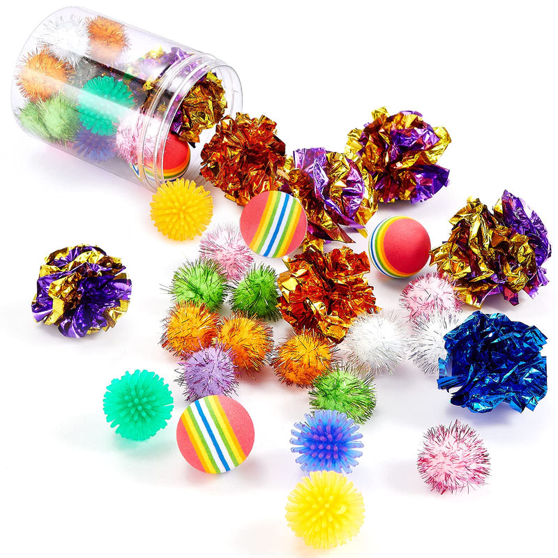 25 Pieces Cat Toy Ball Set Include Pom Pom Balls Tinsel Balls Crinkle Balls Cat Bouncy Spiny Balls Rainbow Foam Ball Toy with Plastic Bottle for Cats Puppy Kitten - PawsPlanet Australia