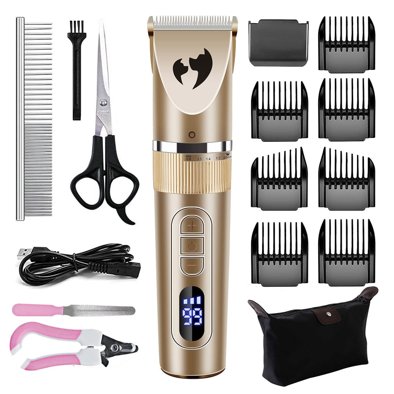 Aliopis Dog Clippers, Professional Waterproof Dog Clippers for Grooming Supplies Pet Large Small Dog Hair Trimmers 3-Speed USB Rechargeable Cordless Electrical Grooming Kit Shaver Clipper Low Noise Gold - PawsPlanet Australia