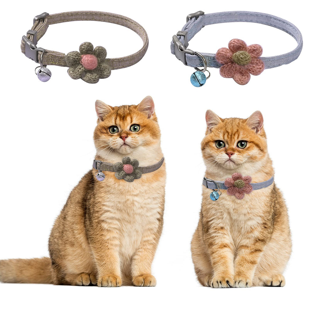 GOUHRRY 2 Pack Cat Collars with Bells, Kitten Collar with Handmade Six Petals Flowers Collars Charms Kitten Collar Adjustable Breakaway Cat Dog Collar, Cute Flower Patterns Safety Collars Blue,Coffee - PawsPlanet Australia