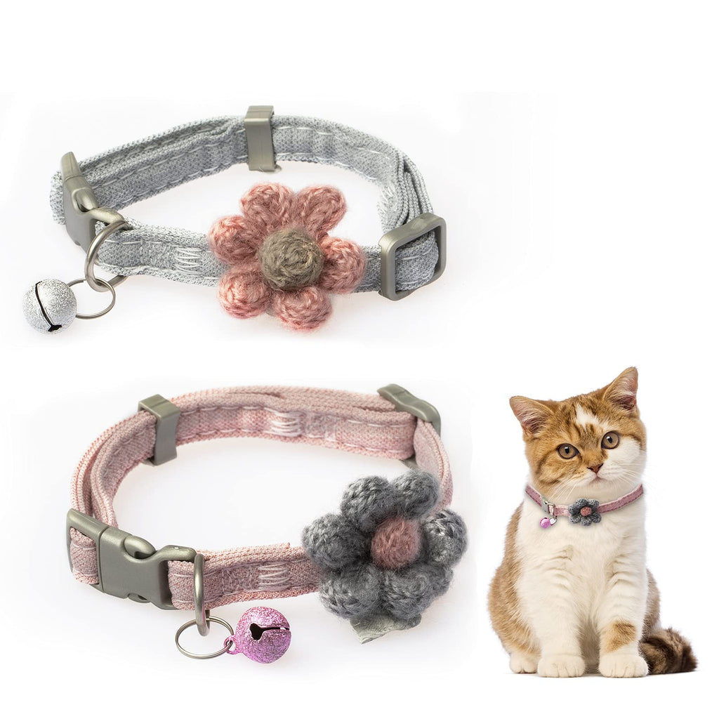 GOUHRRY 2 Pack Cat Collars with Bells, Kitten Collar with Handmade Six Petals Flowers Collars Charms Kitten Collar Adjustable Breakaway Cat Dog Collar, Cute Flower Patterns Safety Collars (Gray+Pink) - PawsPlanet Australia