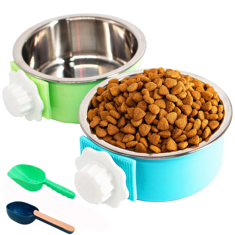 2 Pack Crate Dog Bowl, Removable Stainless Steel Kennel Water Bowl Hanging Pet Cage Bowl Food & Water Feeder Coop Cup with Food Spoon（Random Spoon） for Puppy Medium Dogs Birds Ferret Cat - PawsPlanet Australia