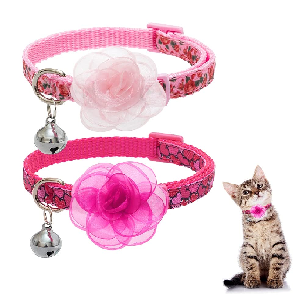 Spring Cat Breakaway Collar with Removable Flower and Bell - 2 Pack Safety Kitten Collars, Cute Pink Heart Rose Design Pink & Rose - PawsPlanet Australia