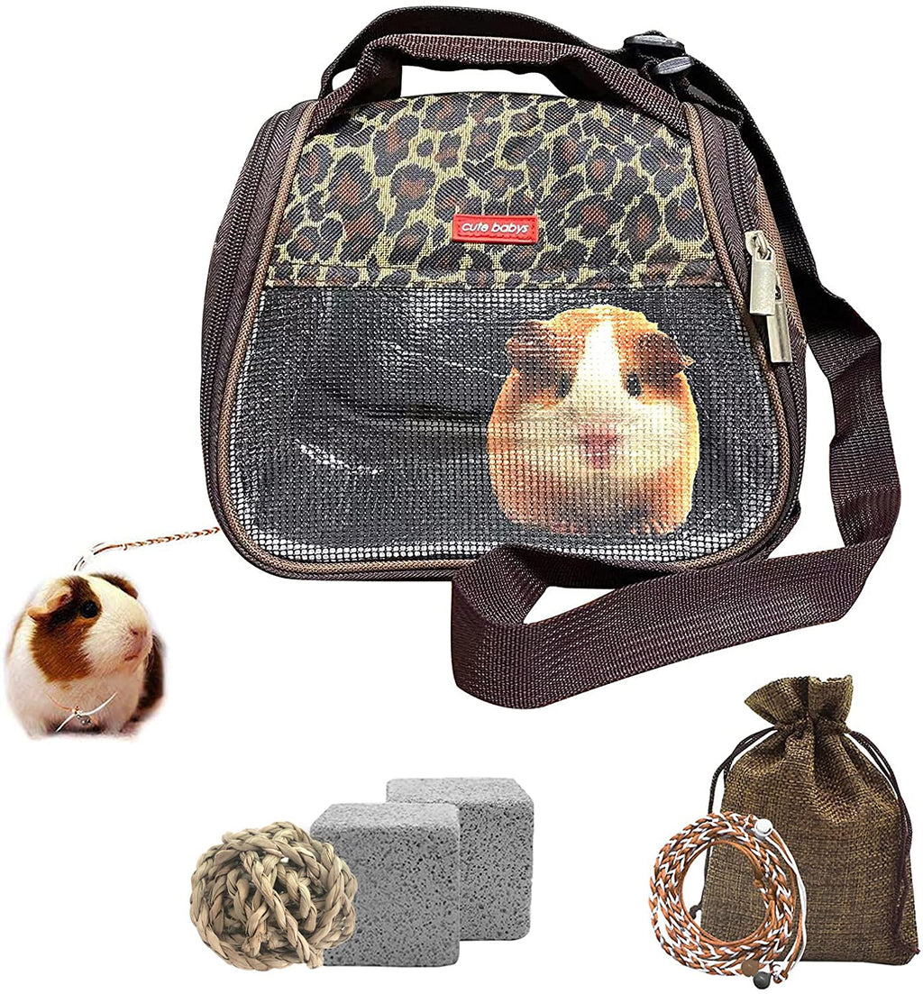 NOONEAST Small Animals Hamster Guinea Pig Carrier Bag Travel Portable Strap Outgoing Bag Accessories for Hedgehog Squirrel Chinchilla Sugar Glider Breathable Outdoor Zipper Bags 【Leopard Print】Semicircle - Brown - PawsPlanet Australia