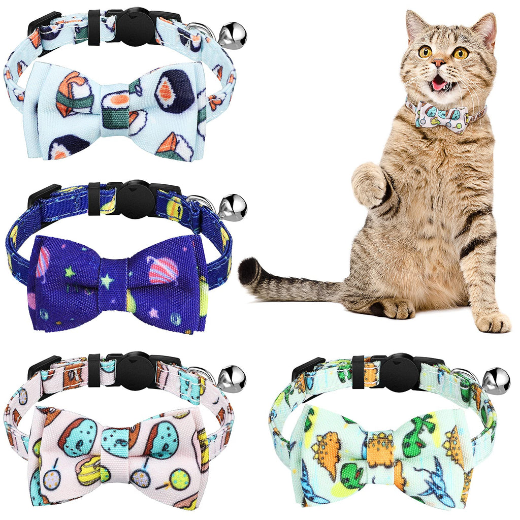 Sadnyy 4 Pieces Cat Bowtie Collar Dog Bowtie Collar Breakaway with Buckle and Bell Adjustable Summer Chic Printed Pet Collar for Puppies and Cats (Dessert-Dinosaur Series) Dessert-Dinosaur Series - PawsPlanet Australia