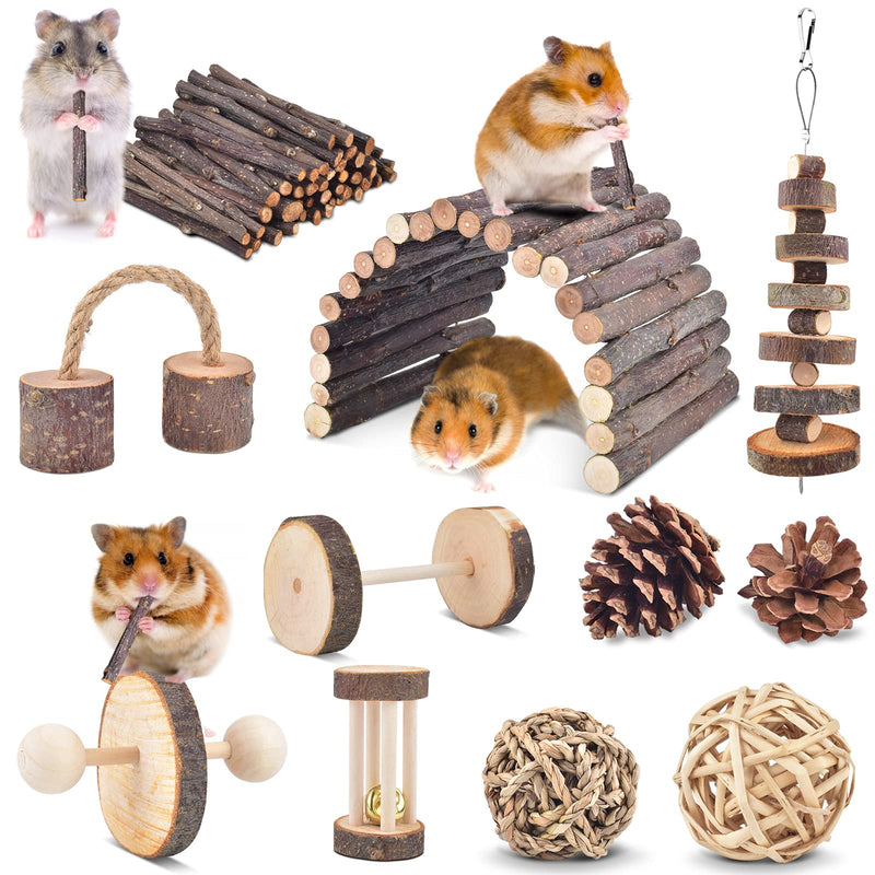 ERKOON 11 Pack Hamster Chew Toys, Small Animal Activity Toys Accessories Molar Teeth Care Natural Apple Wood Ladder Bell Roller for Dwarf Hamsters Rat Guinea Pigs Chinchillas Gerbils Bunnies - PawsPlanet Australia