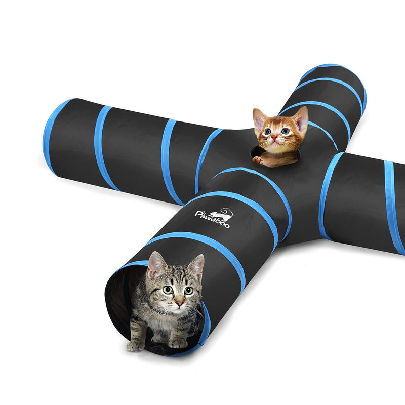 Pawaboo Cat Toys, Cat Tunnel Tube 4 Way Tunnels Extensible Collapsible Cat Play Tent Interactive Toy Maze Cat House with Balls and Bells for Cat Kitten Kitty Rabbit Small Animal 15.7 Inch (Pack of 1) Black & Light Blue - PawsPlanet Australia