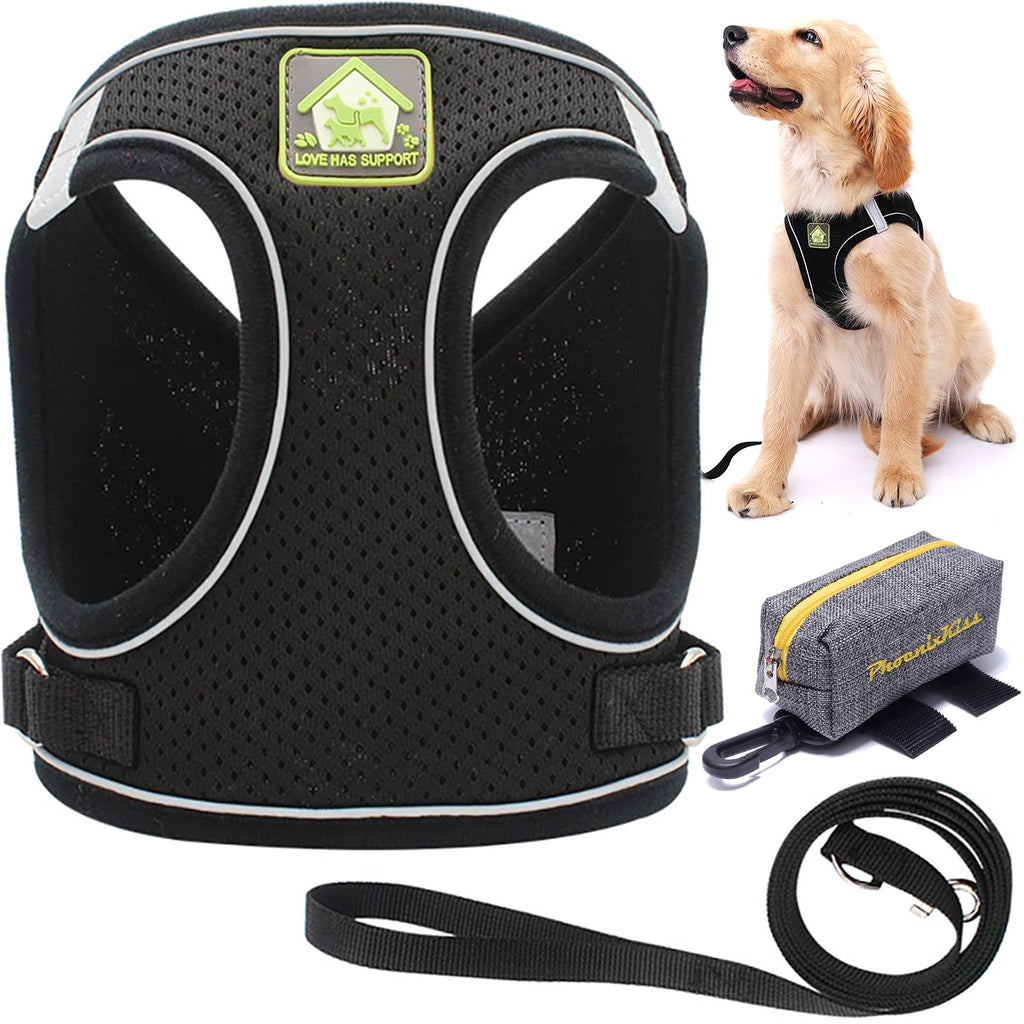 Dog Harnesses for Small Pets-Adjustable Dog Vest Harness with Reflective- Dual Flexible Breathable Cat Harness for All-Weather, with Dog Poop Bag Holder and Leash(Black, S) S (chest 11.8-13.3'') Black - PawsPlanet Australia